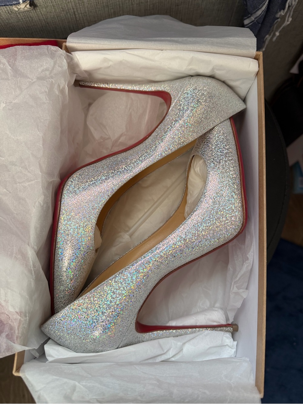 Christian Louboutin Silver Holographic Glitter Pointed-Toe Pumps
